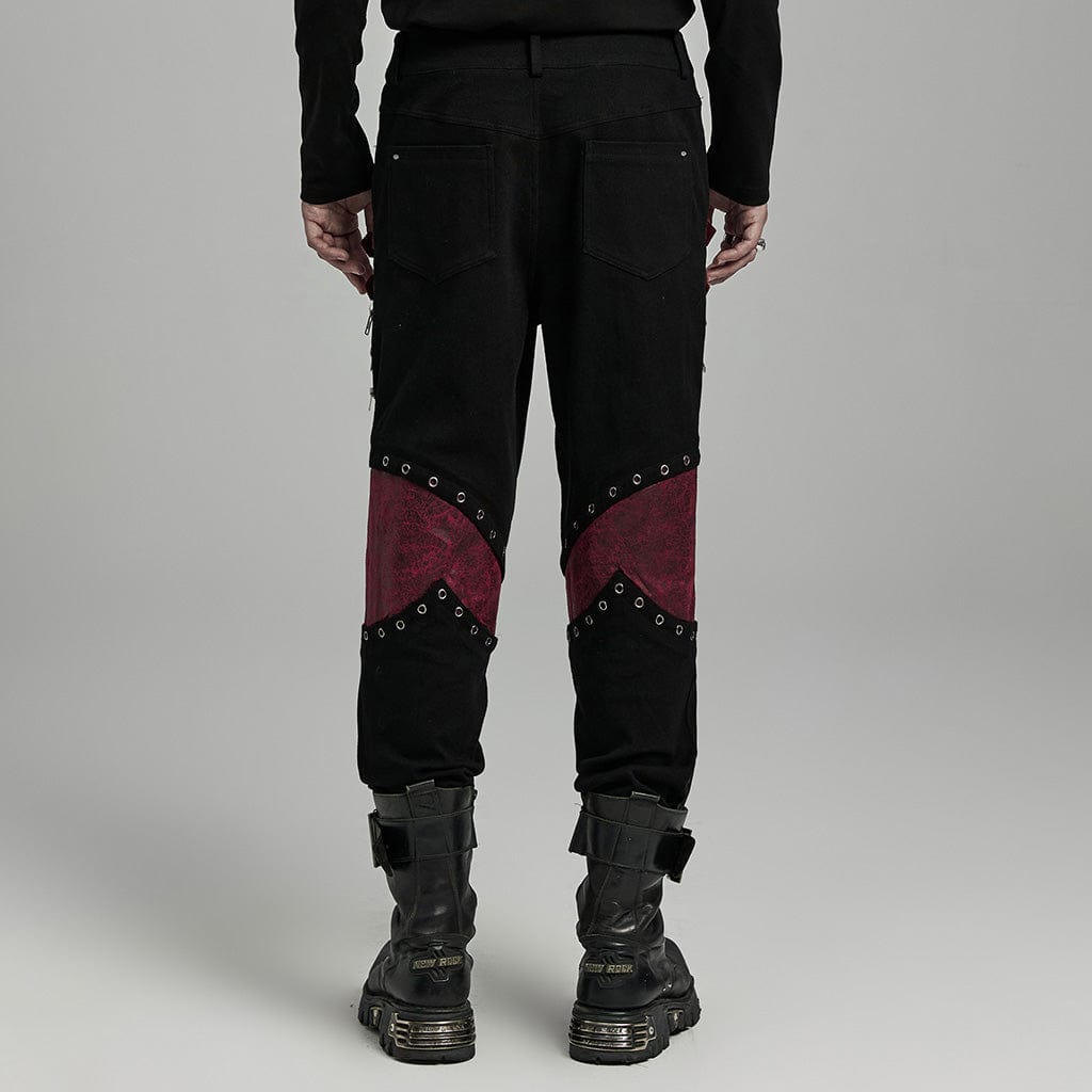 PUNK RAVE Men's Punk Strappy Faux Leather Splice Black Red Pants