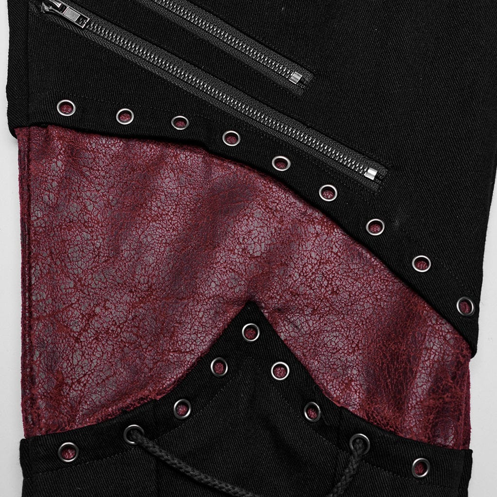 PUNK RAVE Men's Punk Strappy Faux Leather Splice Black Red Pants