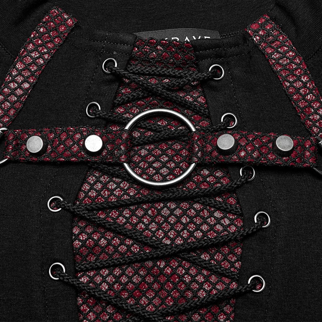 PUNK RAVE Men's Punk Strappy Mesh Splice Black Red Shirt