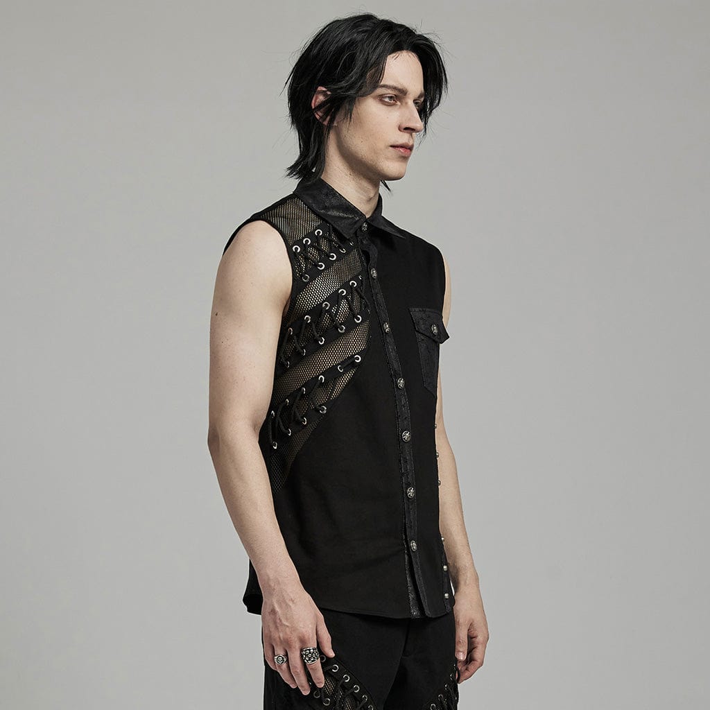 PUNK RAVE Men's Punk Strappy Mesh Splice Faux Leather Vest