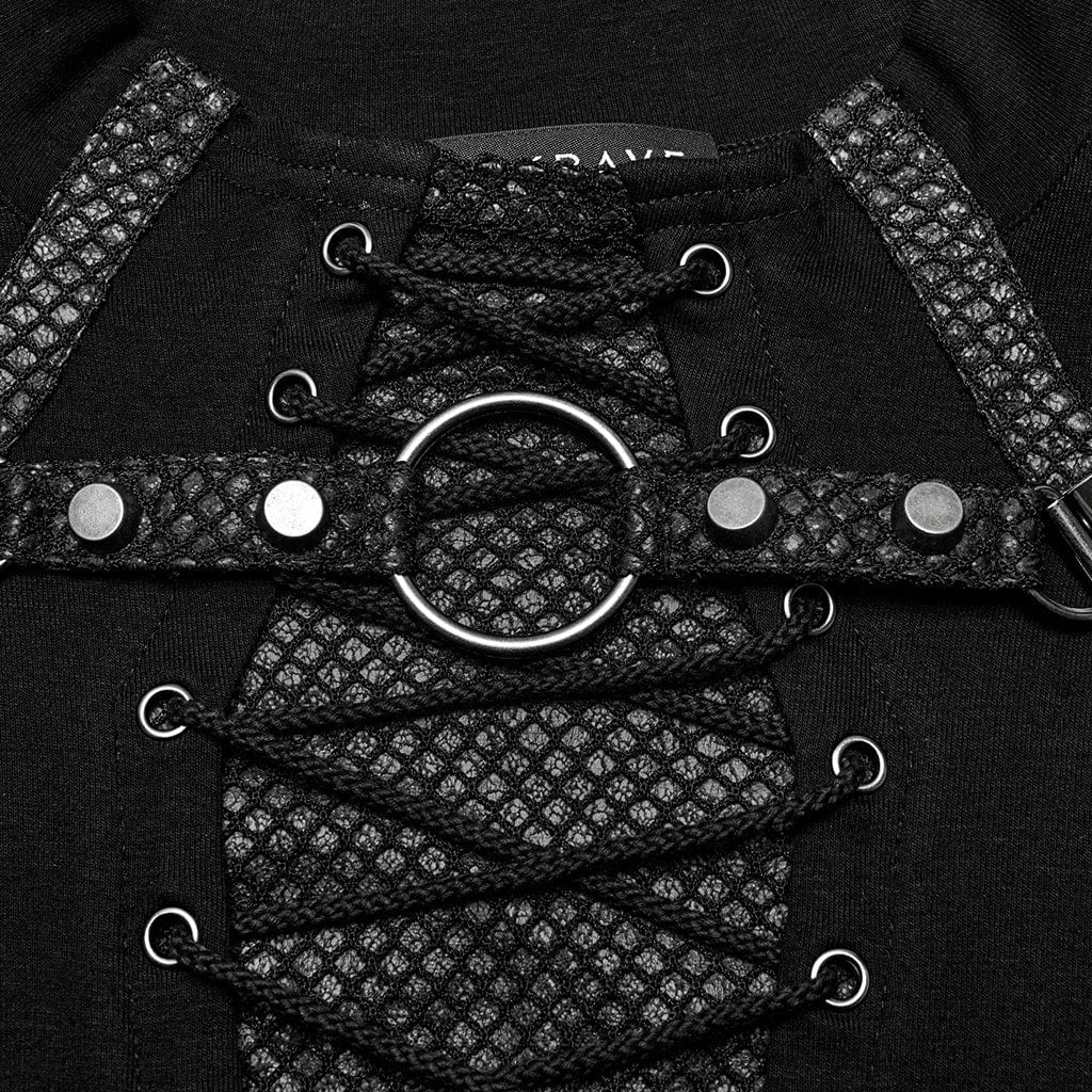 PUNK RAVE Men's Punk Strappy Mesh Splice Studded Shirt
