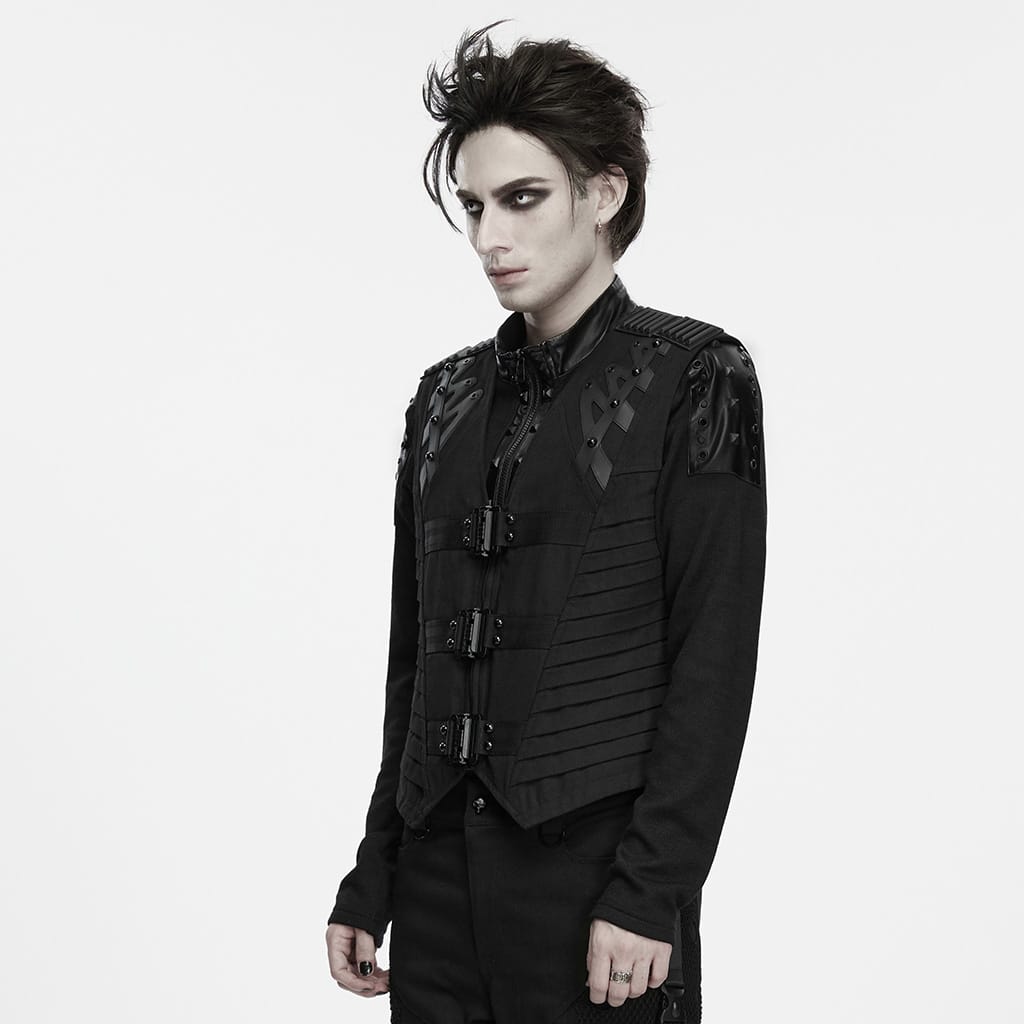 PUNK RAVE Men's Punk Studded Buckle Strap Pleated Vest