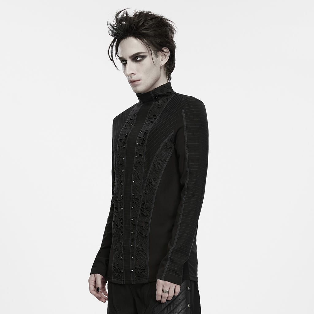 PUNK RAVE Men's Punk Studded Distressed Mock Neck Long Sleeve Top Black