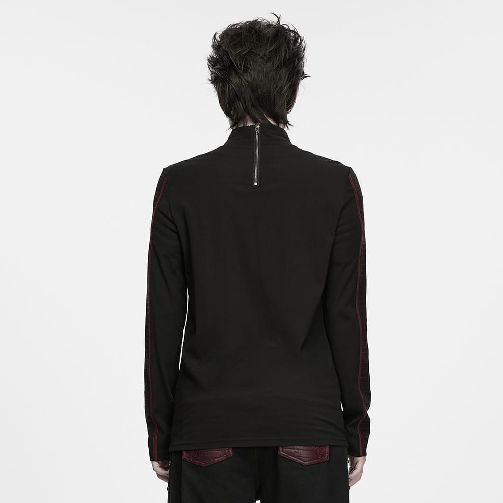 PUNK RAVE Men's Punk Studded Distressed Mock Neck Long Sleeve Top Black-Red