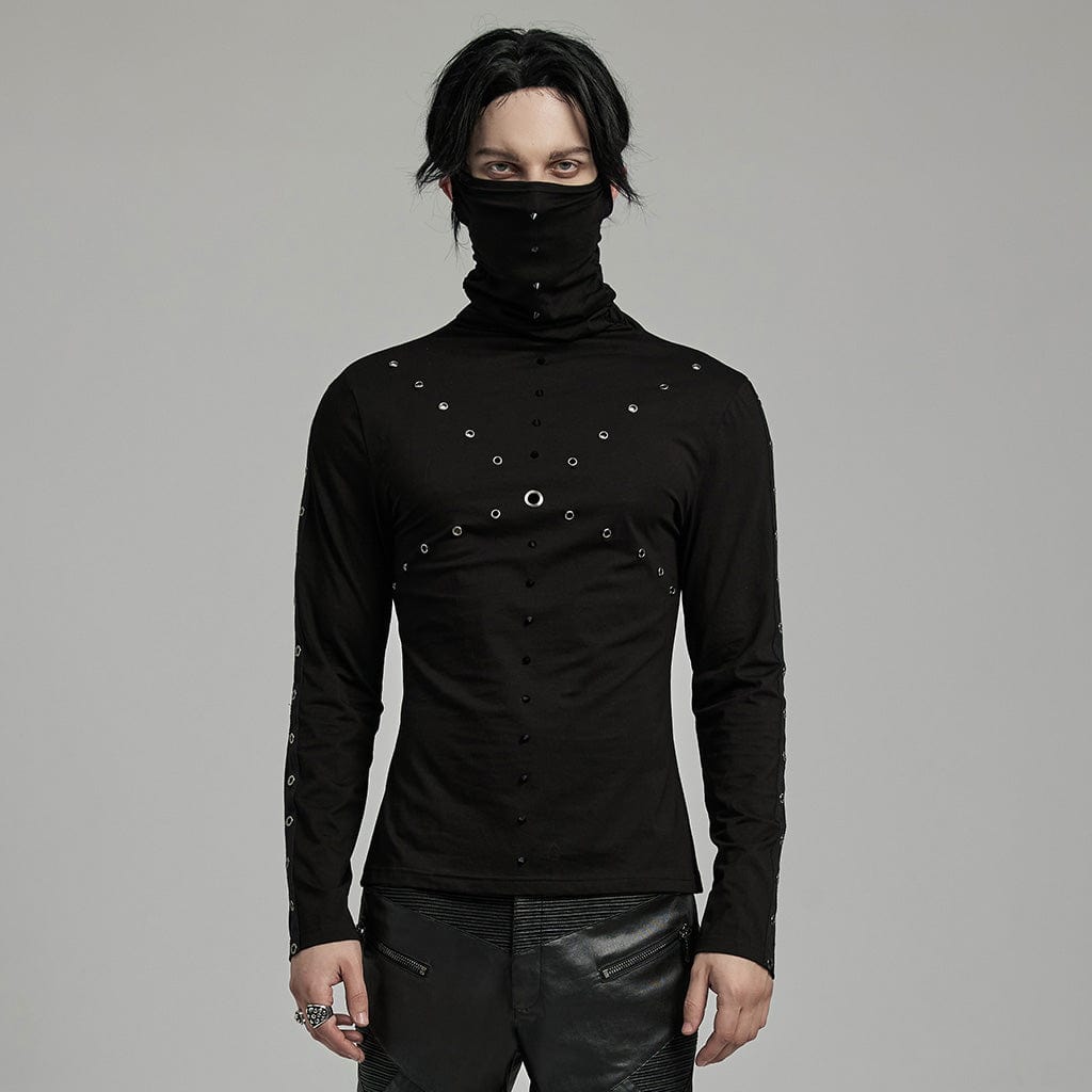 PUNK RAVE Men's Punk Studded Eyelet Shirt with Undetachable Mask