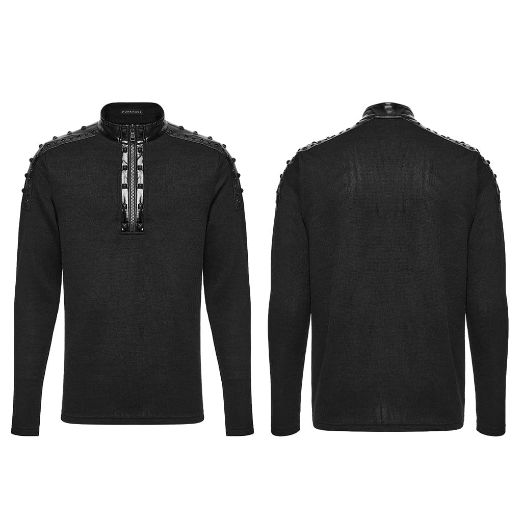 PUNK RAVE Men's Punk Studded Eyelet Zipper Mock Neck Long Sleeve Top