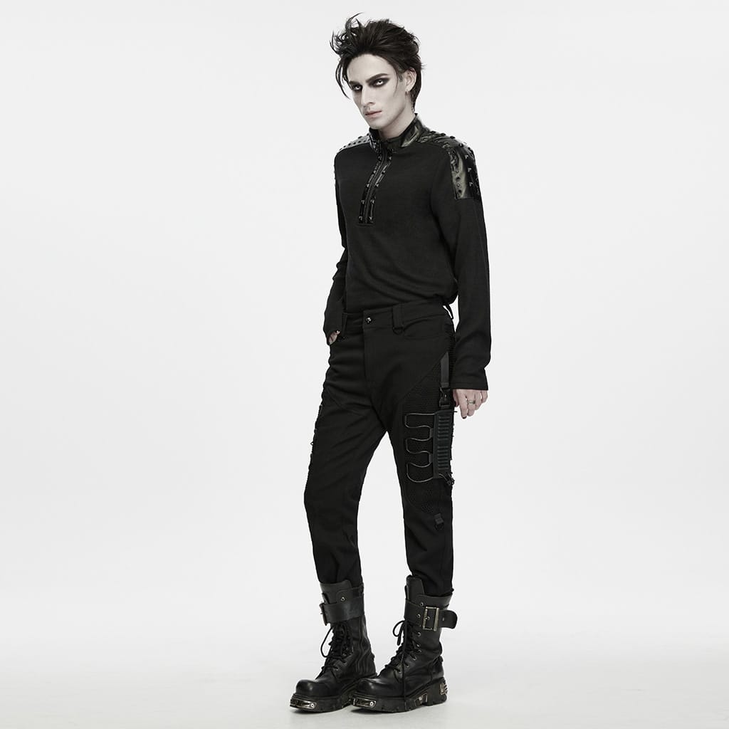 PUNK RAVE Men's Punk Studded Eyelet Zipper Mock Neck Long Sleeve Top