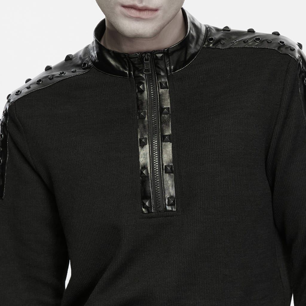 PUNK RAVE Men's Punk Studded Eyelet Zipper Mock Neck Long Sleeve Top