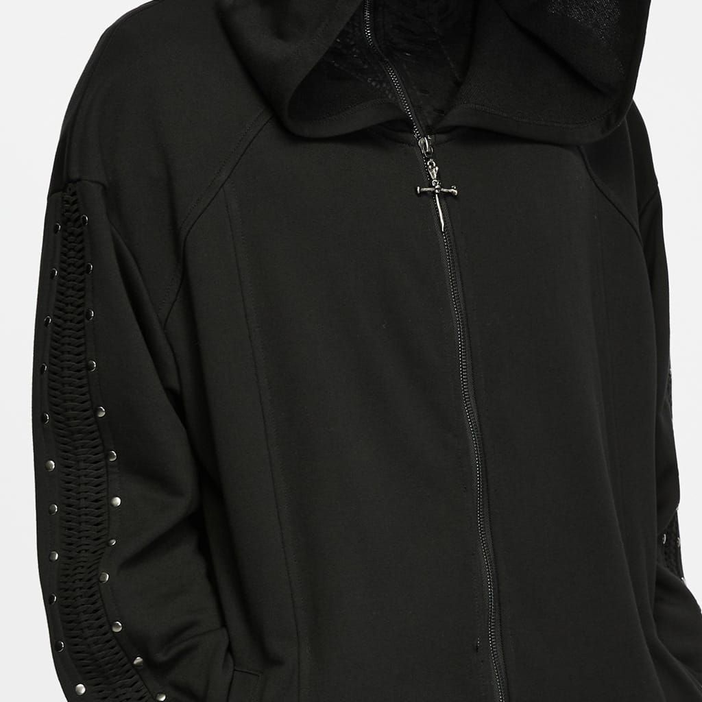 PUNK RAVE Men's Punk Studded Front Zipper Hooded Long Jacket