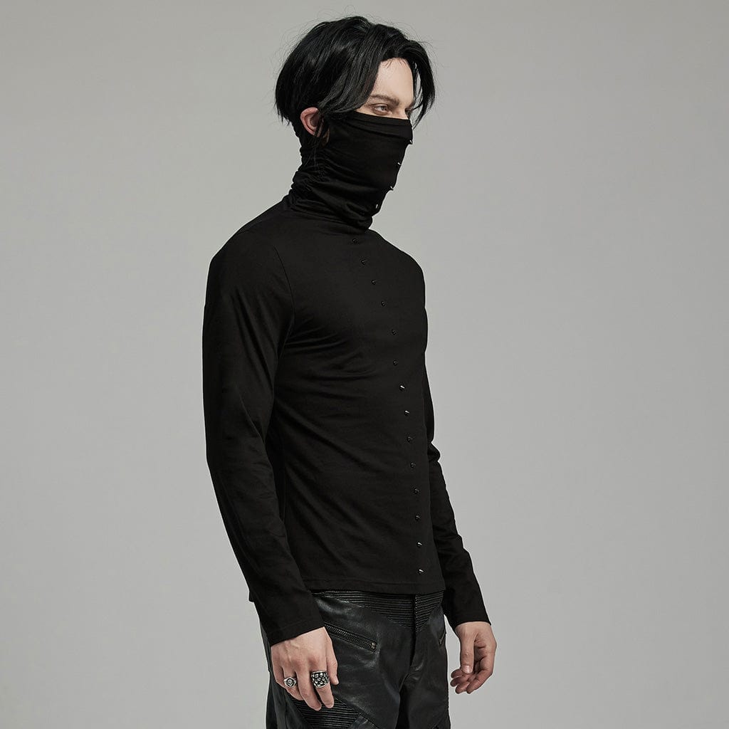 PUNK RAVE Men's Punk Studded Shirt with Undetachable Mask