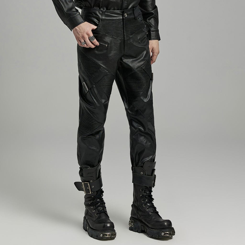 PUNK RAVE Men's Punk Zipper Pleated Faux Leather Pants