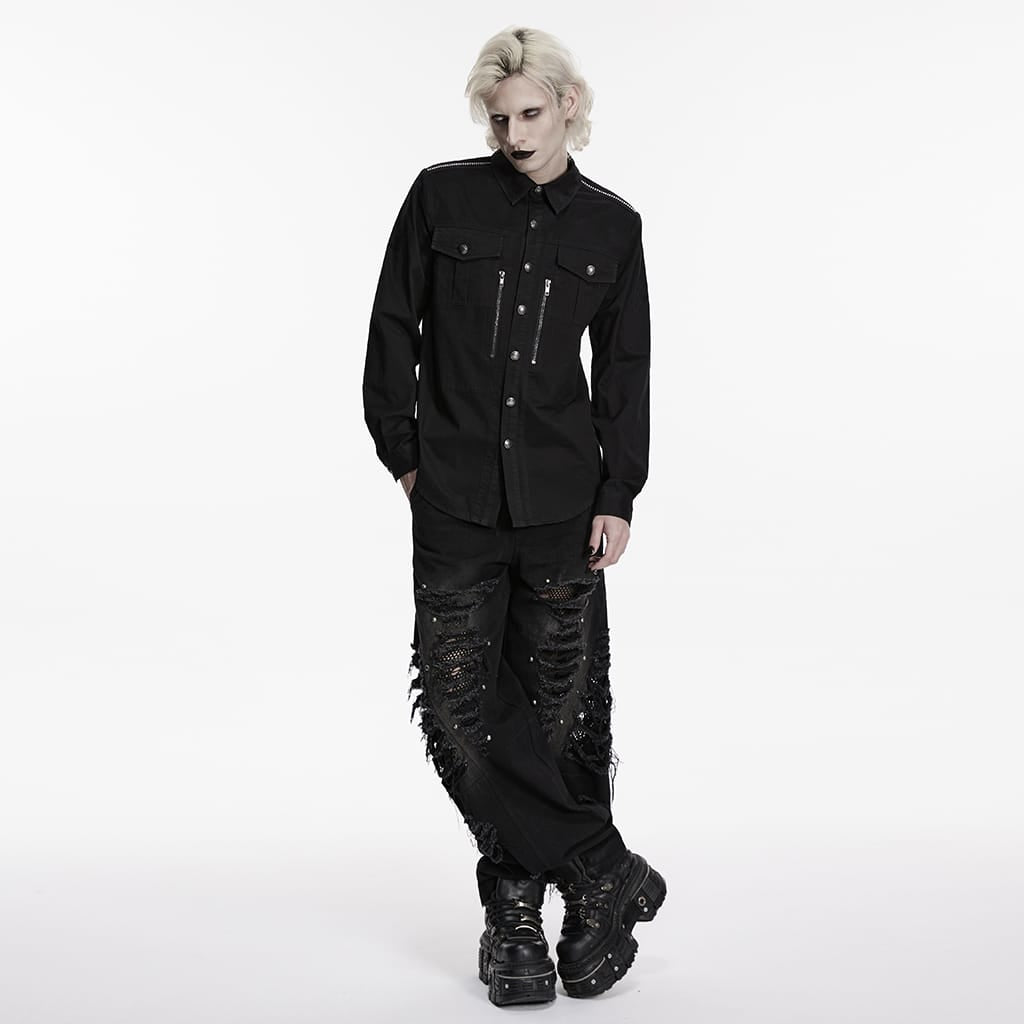 PUNK RAVE Men's Punk Zips Turn-down Collar Long Sleeved Shirt