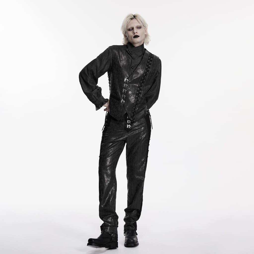 PUNK RAVE Men's Steampunk Asymmetric Buckle-up Pinstripe Texture Vest Black