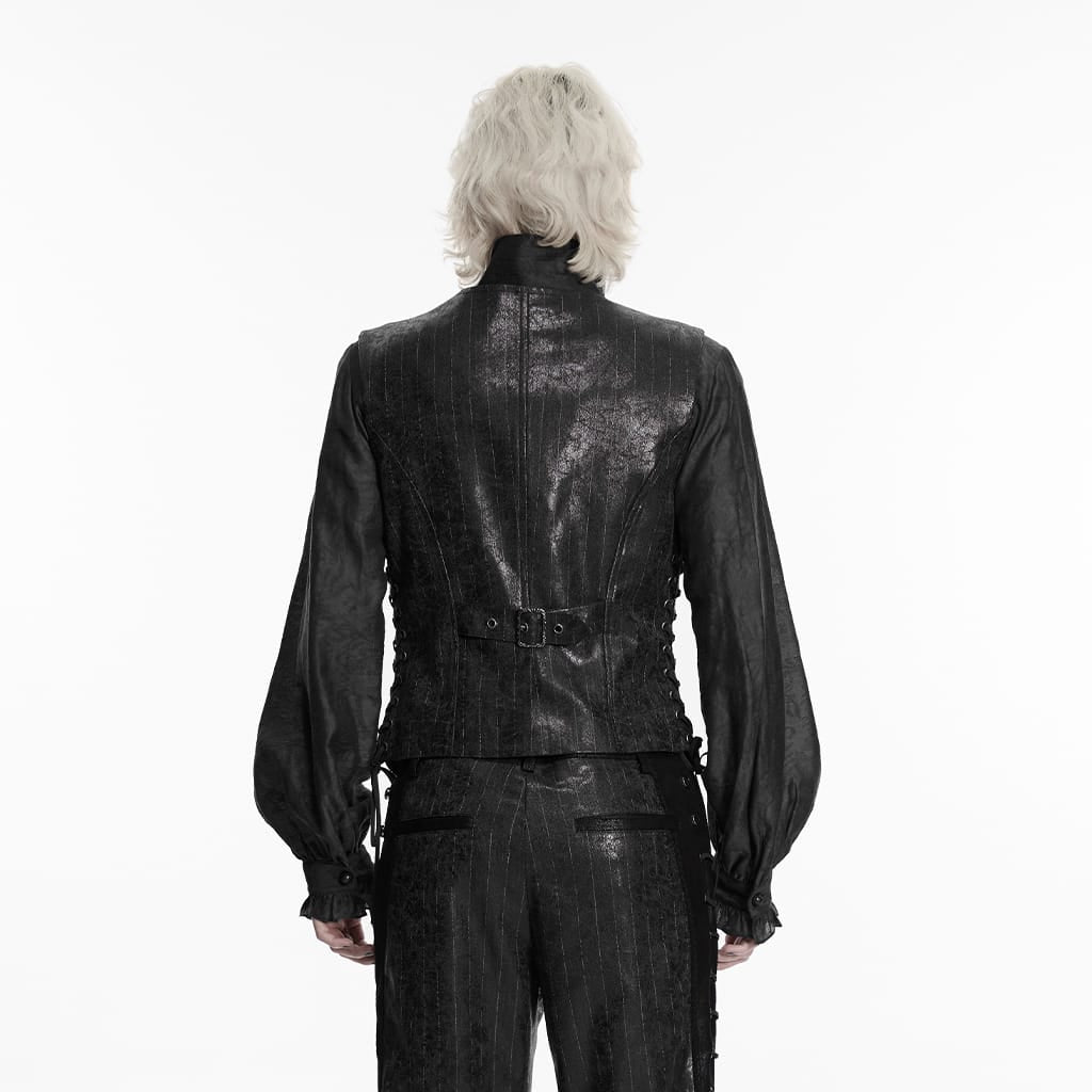 PUNK RAVE Men's Steampunk Asymmetric Buckle-up Pinstripe Texture Vest Black