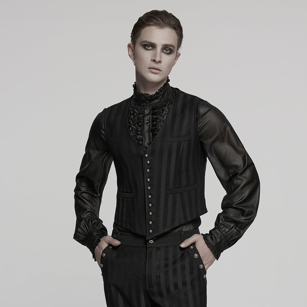PUNK RAVE Men's Steampunk Striped Buckle Waistcoat Black