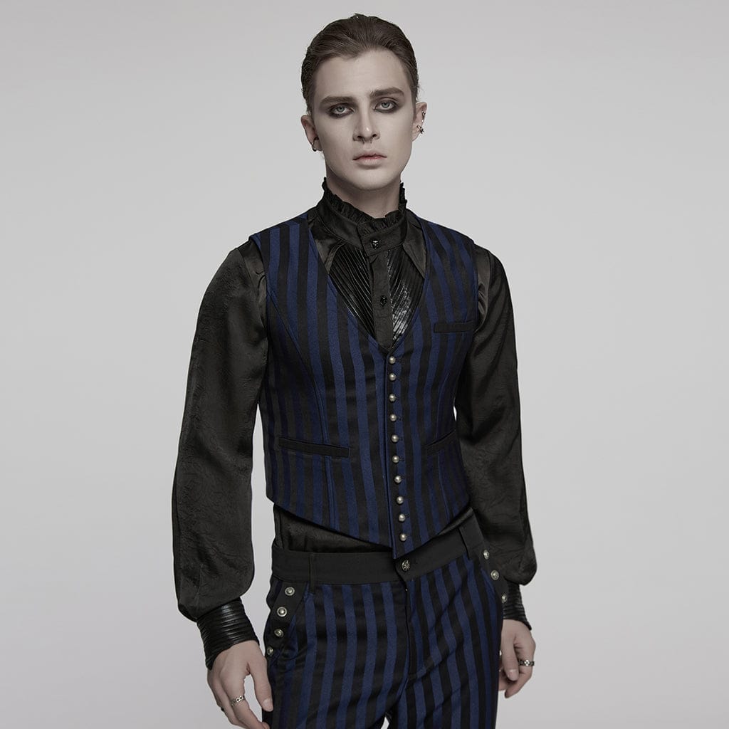 PUNK RAVE Men's Steampunk Striped Buckle Waistcoat Blue