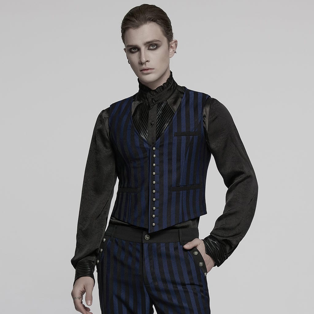 PUNK RAVE Men's Steampunk Striped Buckle Waistcoat Blue