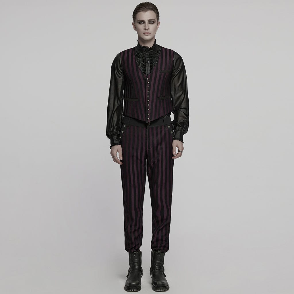 PUNK RAVE Men's Steampunk Striped Buckle Waistcoat Red