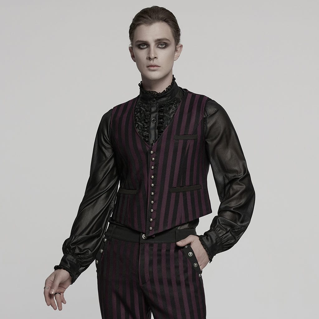 PUNK RAVE Men's Steampunk Striped Buckle Waistcoat Red