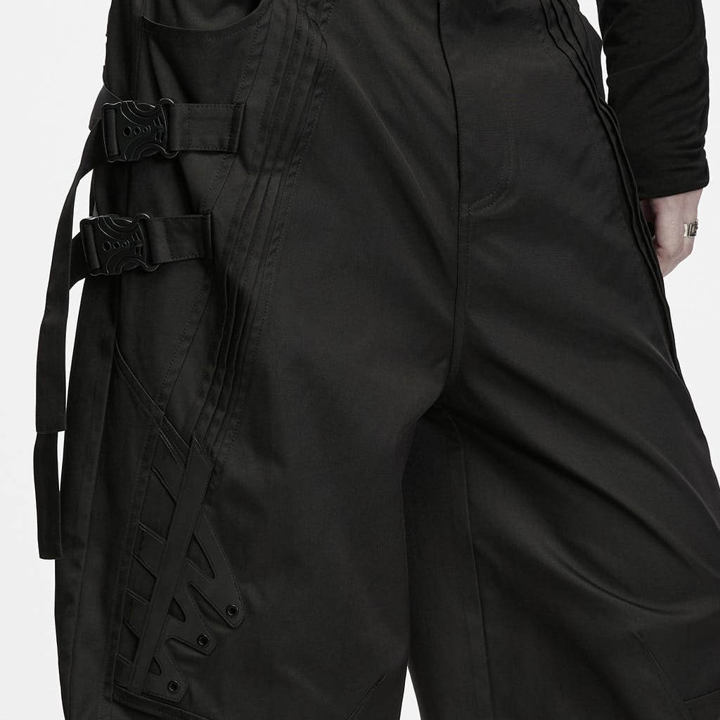 PUNK RAVE Men's Techwear Buckle Strap Zipper Wide Leg Pants