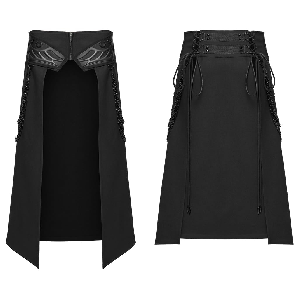 PUNK RAVE Men's Techwear Studded Chain Lace-up Skirt