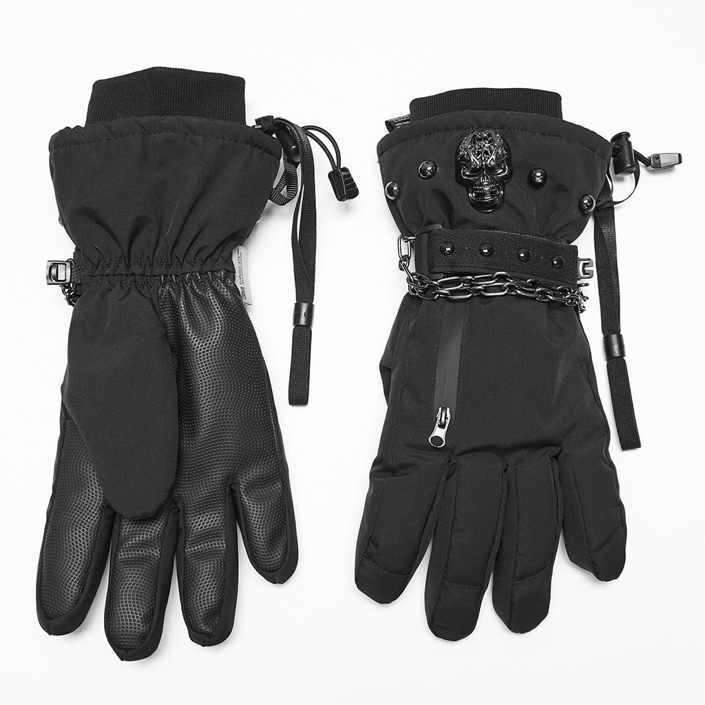 PUNK RAVE Men's Techwear Studded Skull Chain Gloves