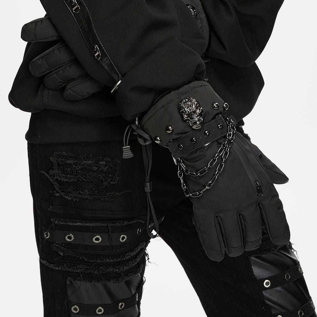 PUNK RAVE Men's Techwear Studded Skull Chain Gloves