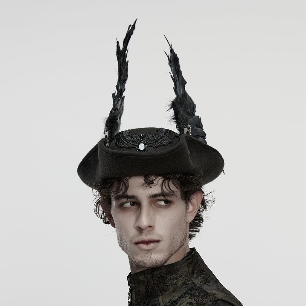 PUNK RAVE Unisex Gothic Embroidered Formal Hat with Detachable Feathered Wings