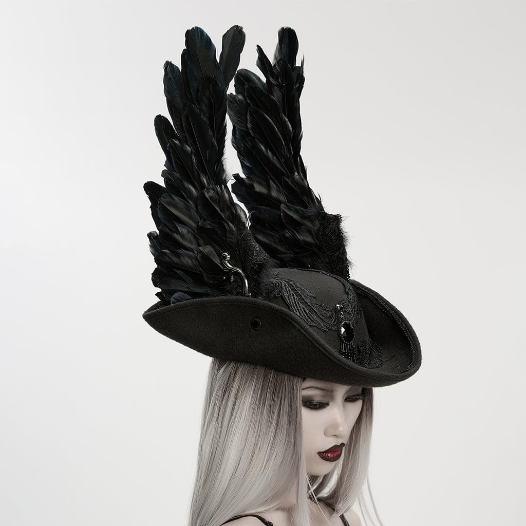 PUNK RAVE Unisex Gothic Embroidered Formal Hat with Detachable Feathered Wings