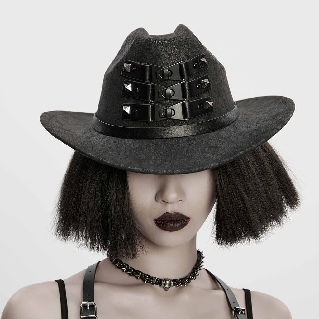 PUNK RAVE Unisex Punk Rivets Straps Hat Black