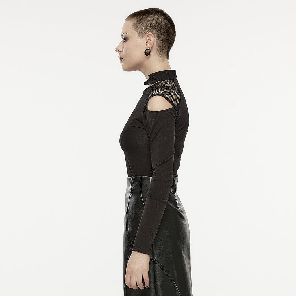 PUNK RAVE Women's Asymmetricle Stitched Embroidered Mesh T-shirts