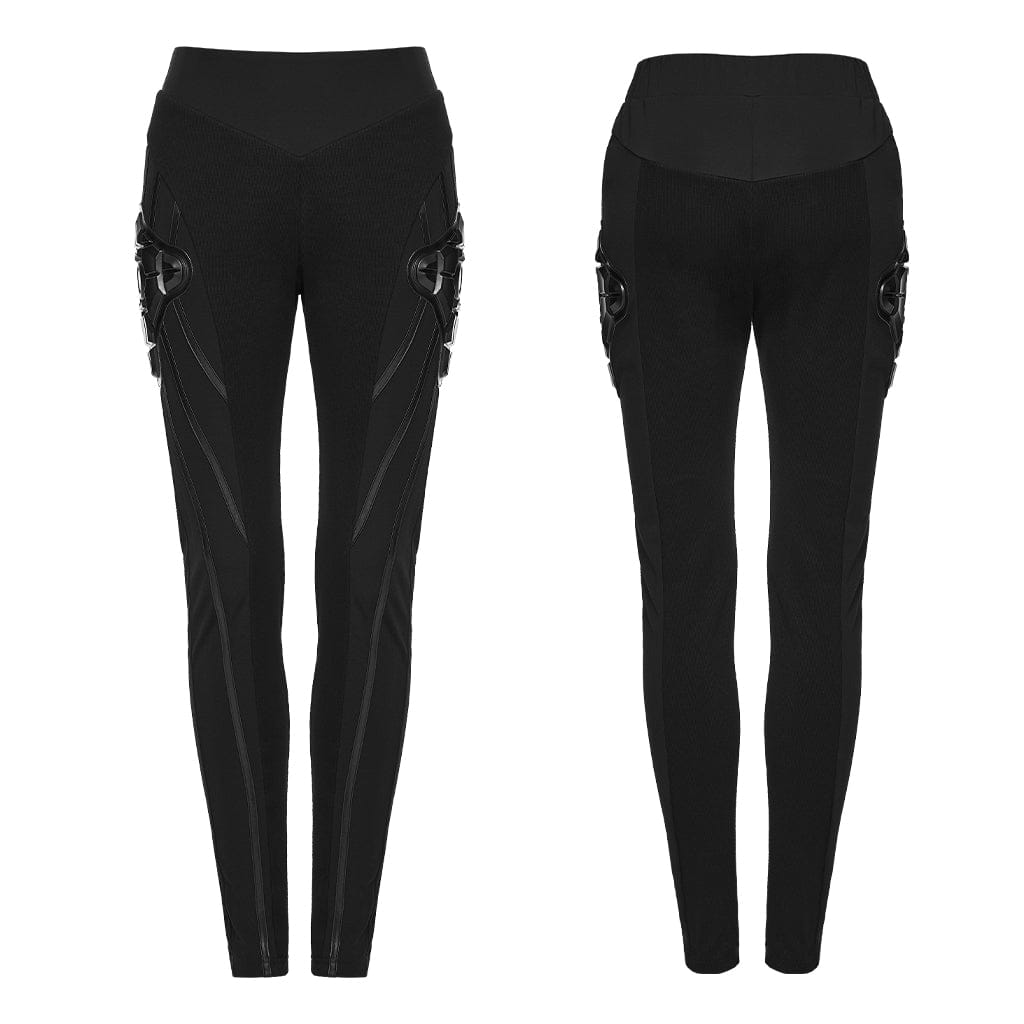 PUNK RAVE Women's Cyberpunk Armor-Accentuated Paneled Leggings Black
