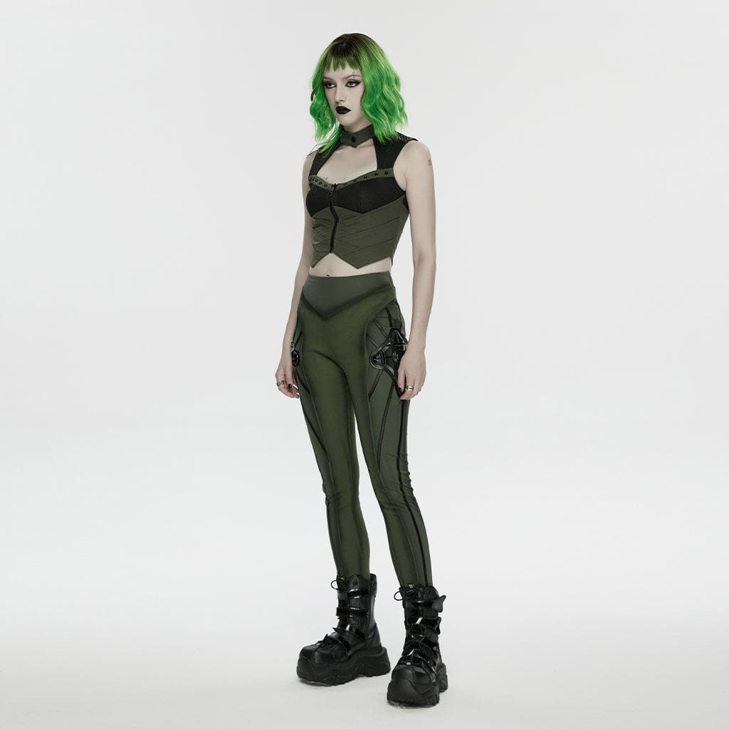 PUNK RAVE Women's Cyberpunk Armor-Accentuated Paneled Leggings Black-Green