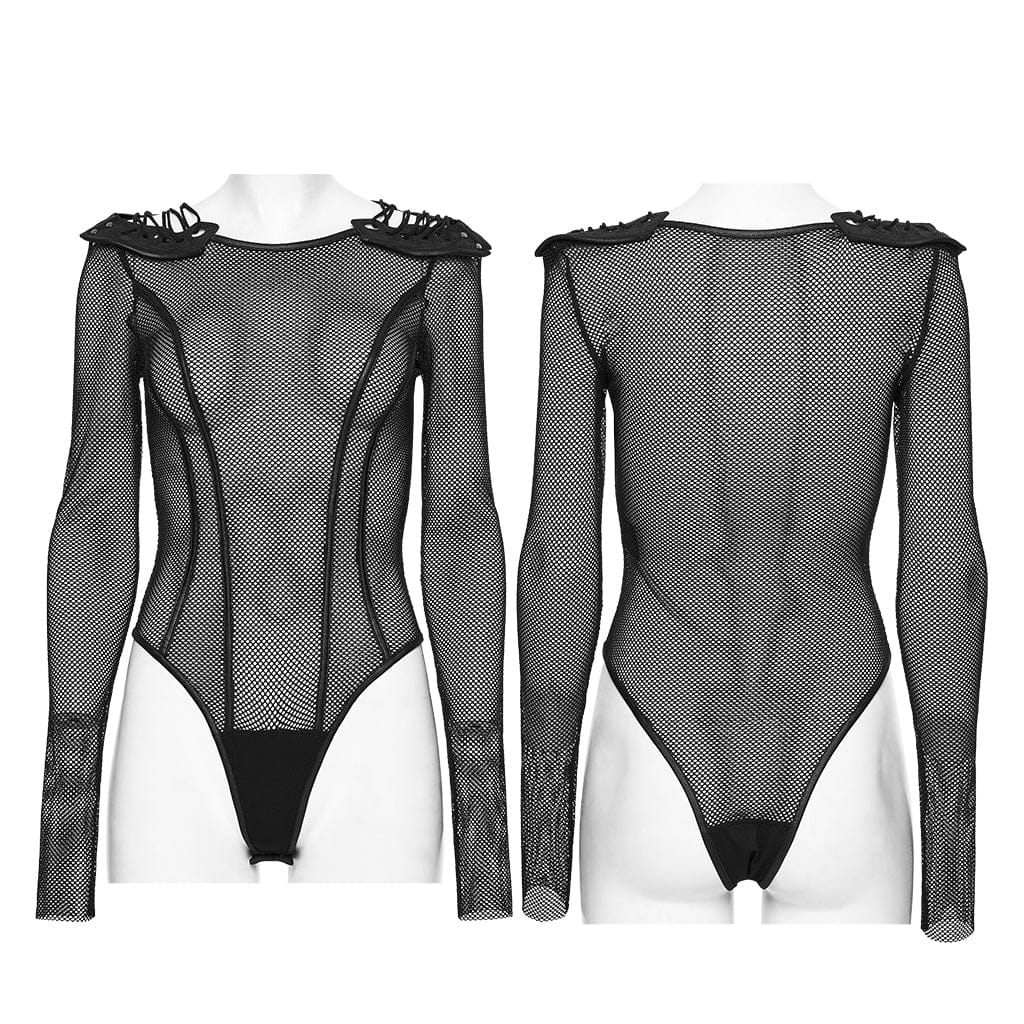 PUNK RAVE Women's Cyberpunk Armor Shoulder Sheer Bodysuit
