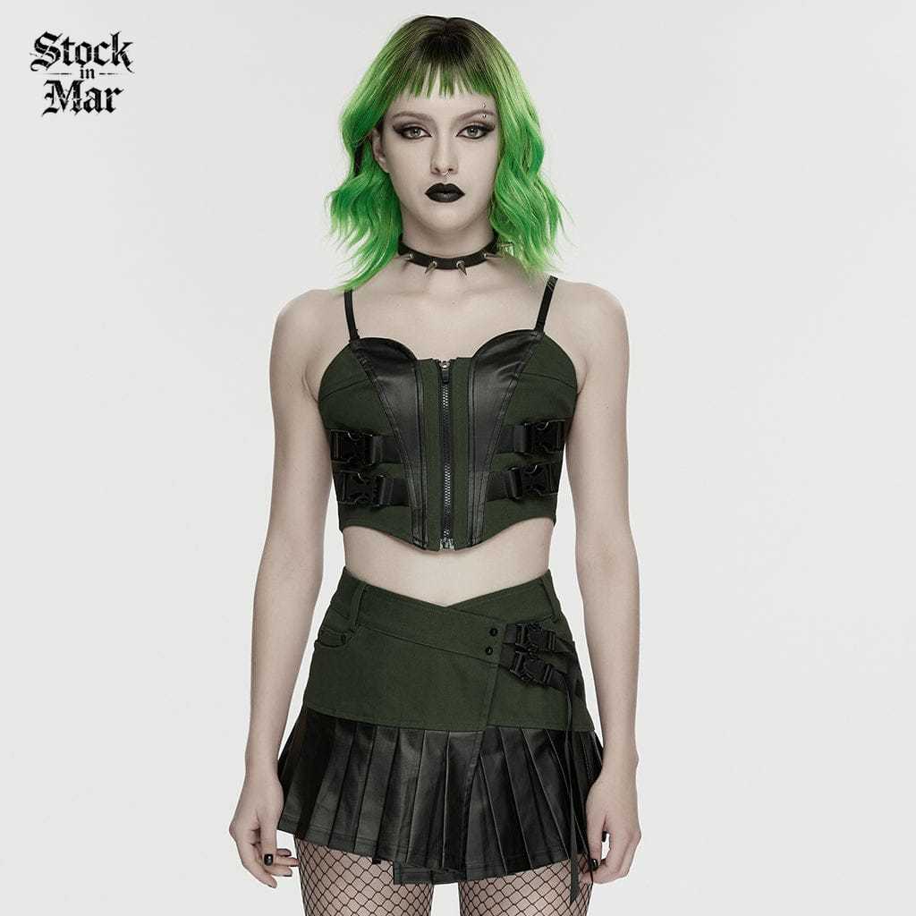PUNK RAVE Women's Cyberpunk Buckle Lace-up Slip Bustier Black-Green