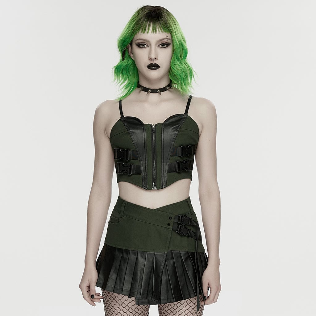 PUNK RAVE Women's Cyberpunk Buckle Lace-up Slip Bustier Black-Green