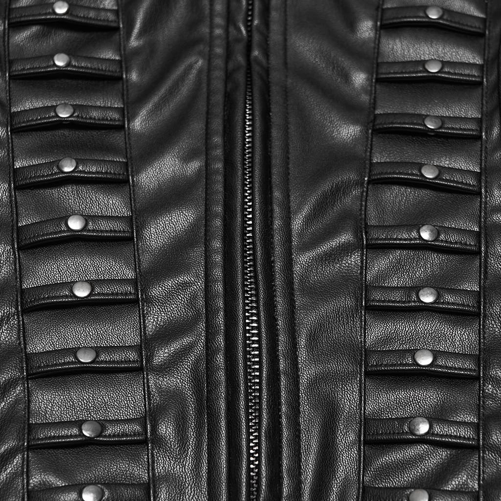 PUNK RAVE Women's Cyberpunk Buckle Shoulder Zip Front Stand Collar Faux Leather Jacket