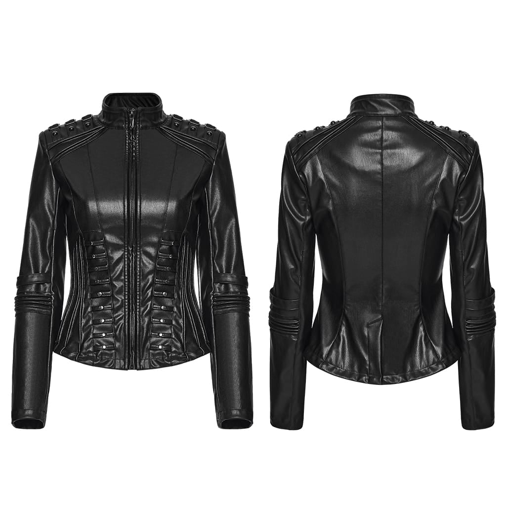 PUNK RAVE Women's Cyberpunk Buckle Shoulder Zip Front Stand Collar Faux Leather Jacket