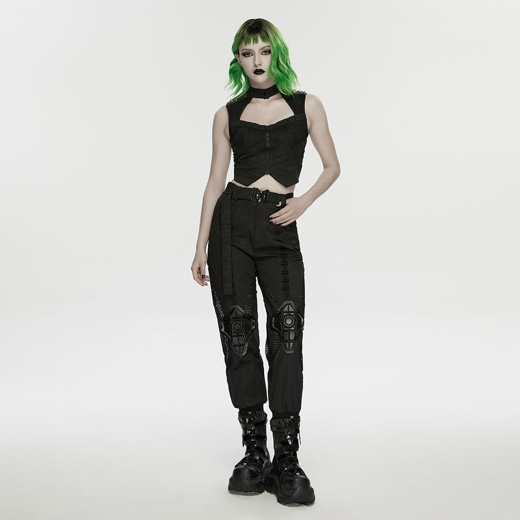 PUNK RAVE Women's Cyberpunk Buckle-up Studded Mesh Cargo Pants