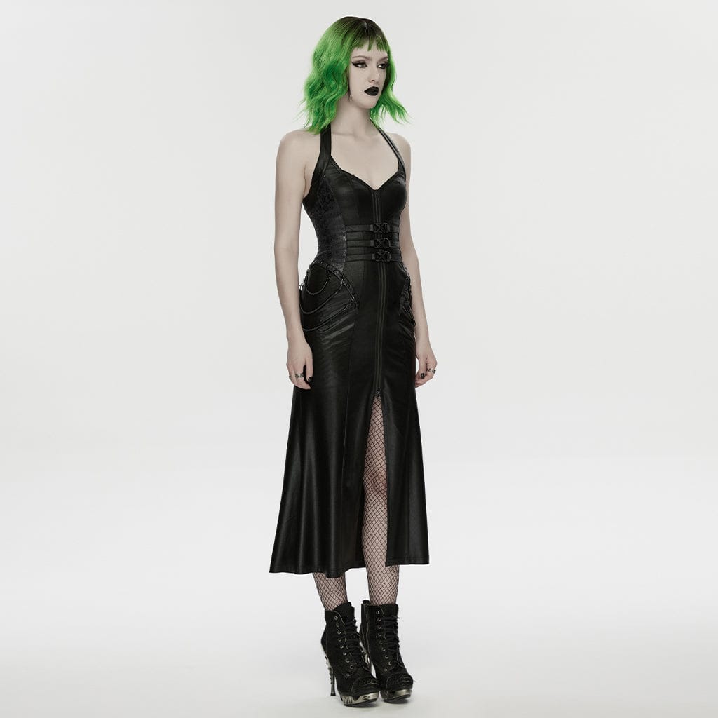 PUNK RAVE Women's Cyberpunk Buckle-up Zip Halterneck Maxi Dress Black