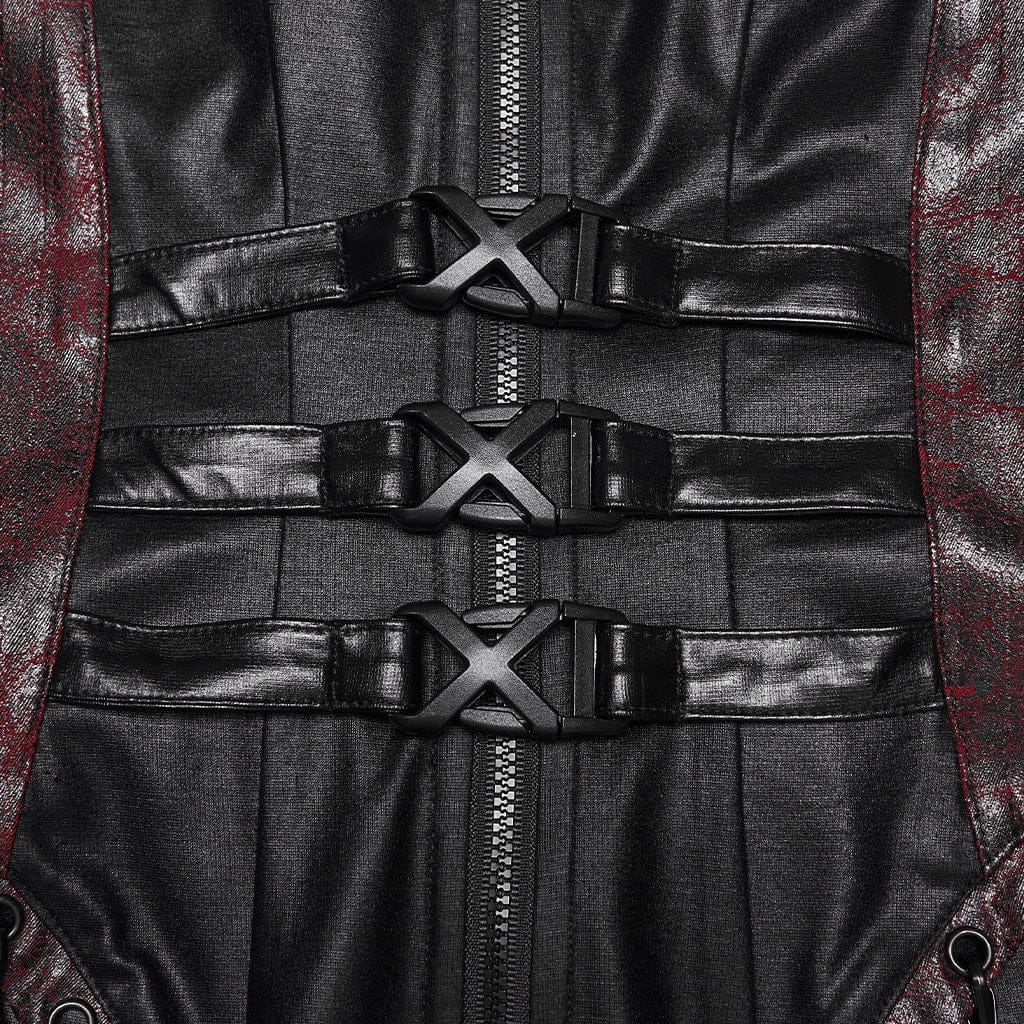 PUNK RAVE Women's Cyberpunk Buckle-up Zip Halterneck Maxi Dress Black-Red