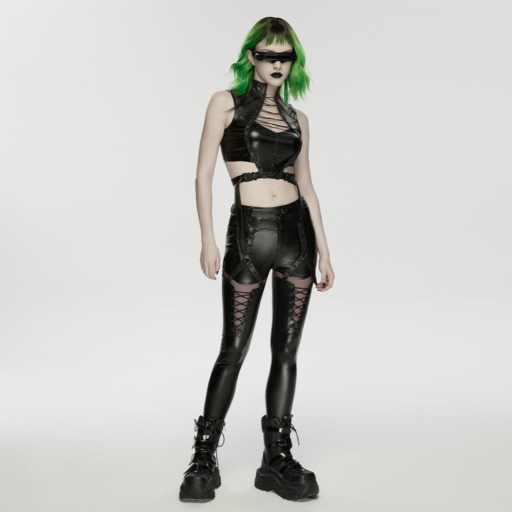 PUNK RAVE Women's Cyberpunk Eyelet Mesh Splice Leggings Black