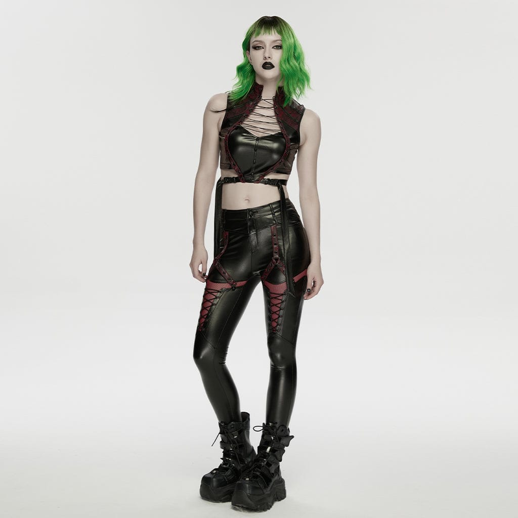 PUNK RAVE Women's Cyberpunk Eyelet Mesh Splice Leggings Black-Red