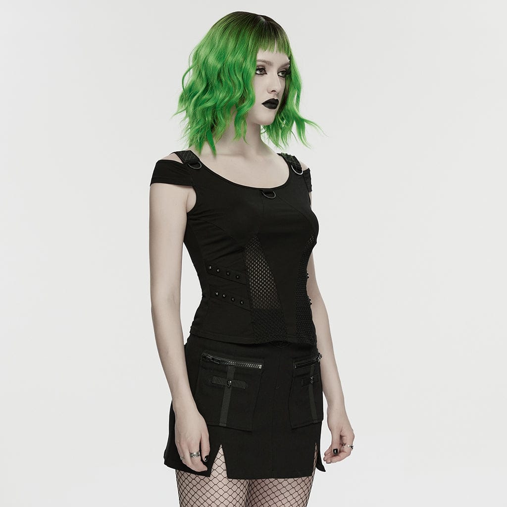 PUNK RAVE Women's Cyberpunk Mesh Rivets Short Sleeved T-shirt Black