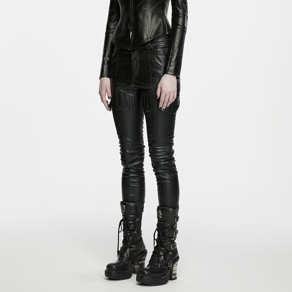PUNK RAVE Women's Cyberpunk Multi Pocket Ruched Knee Faux Leather Skinny Pants