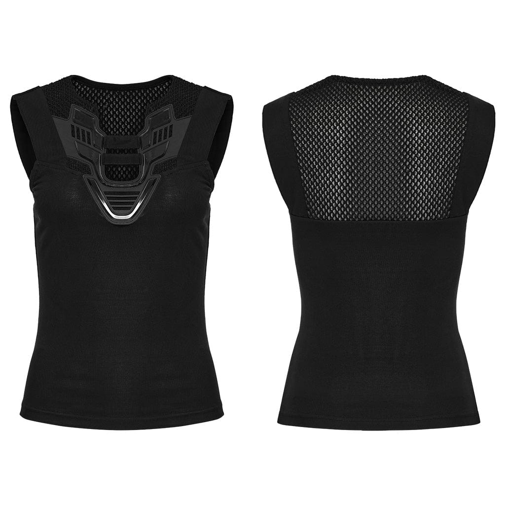 PUNK RAVE Women's Cyberpunk Plunging Mesh Splice Tank Top