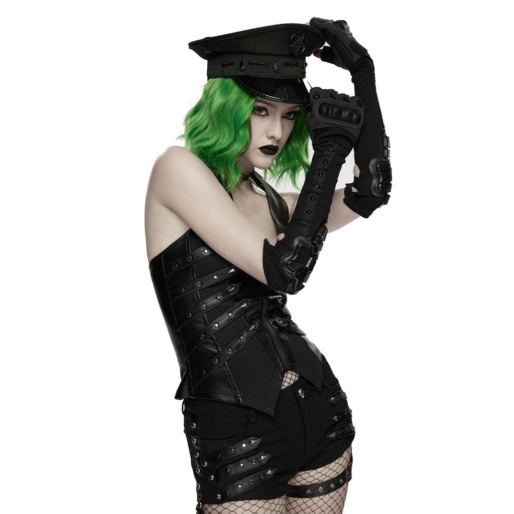 PUNK RAVE Women's Cyberpunk Rivets Fingerless Long Gloves Black