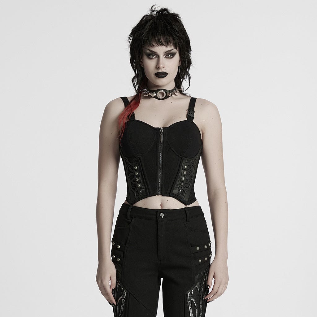 PUNK RAVE Women's Cyberpunk Studded Buckle Lace-up Tank Top