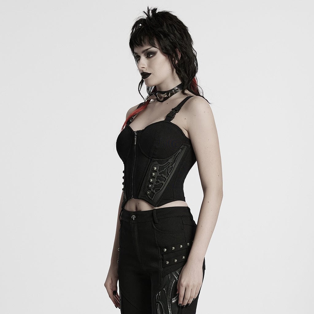 PUNK RAVE Women's Cyberpunk Studded Buckle Lace-up Tank Top