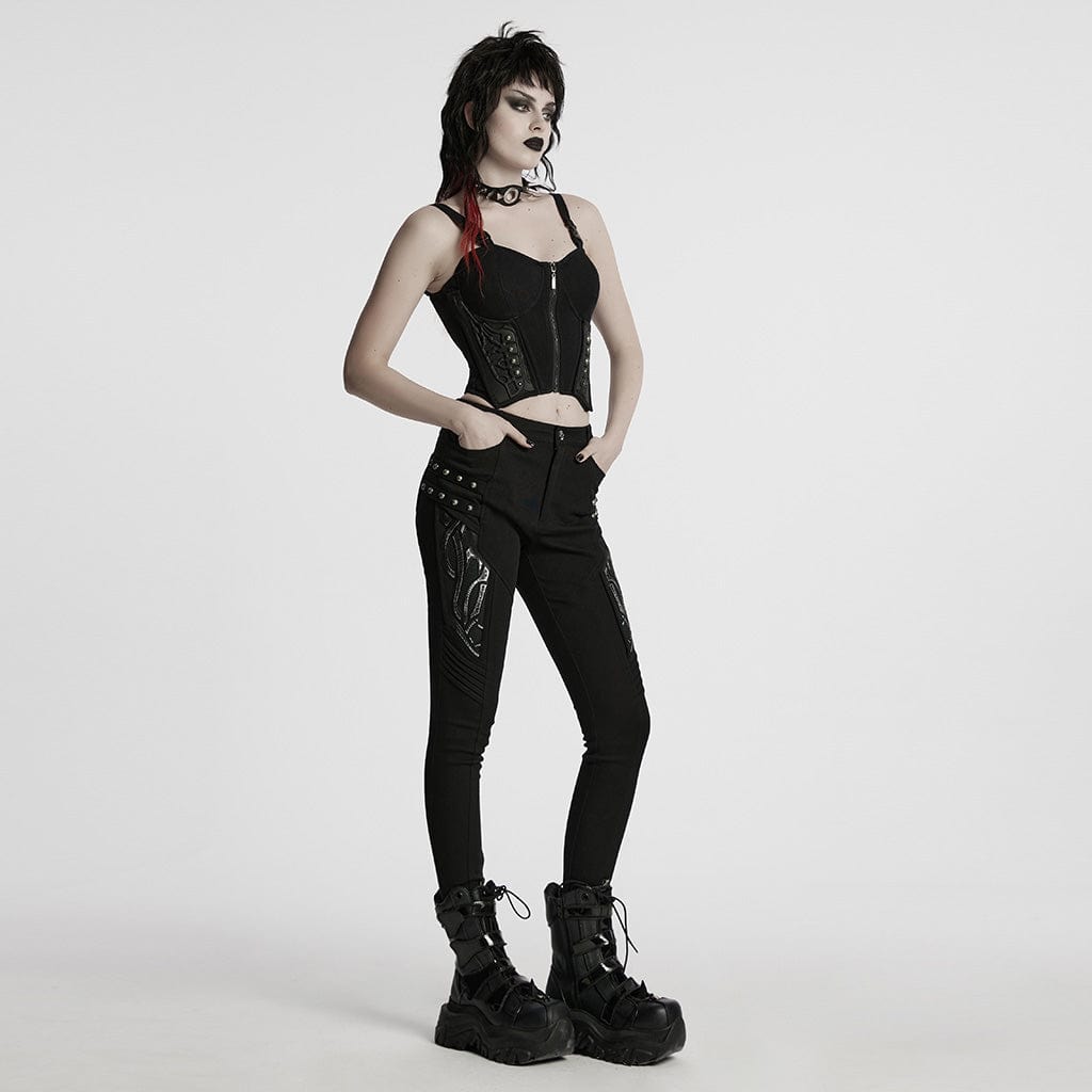 PUNK RAVE Women's Cyberpunk Studded Pleated Leggings